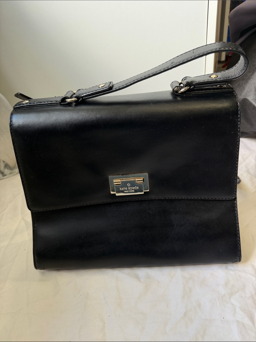 kate spade Black Leather Messenger Bag with Gold Hardware